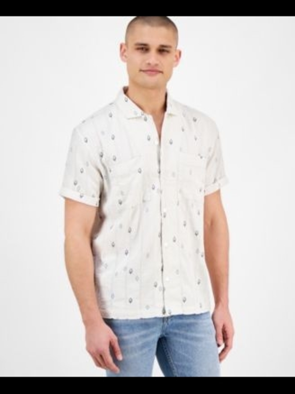 Sun & Stone Men's Short-Sleeve Shirt in Ivory White With Blu&Blk Print XL